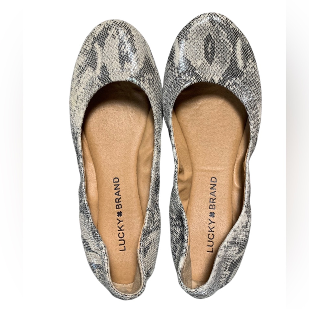Lucky Brand Emile Snake Print Ballet Flats Grey Cream Ballerina Shoes 6M